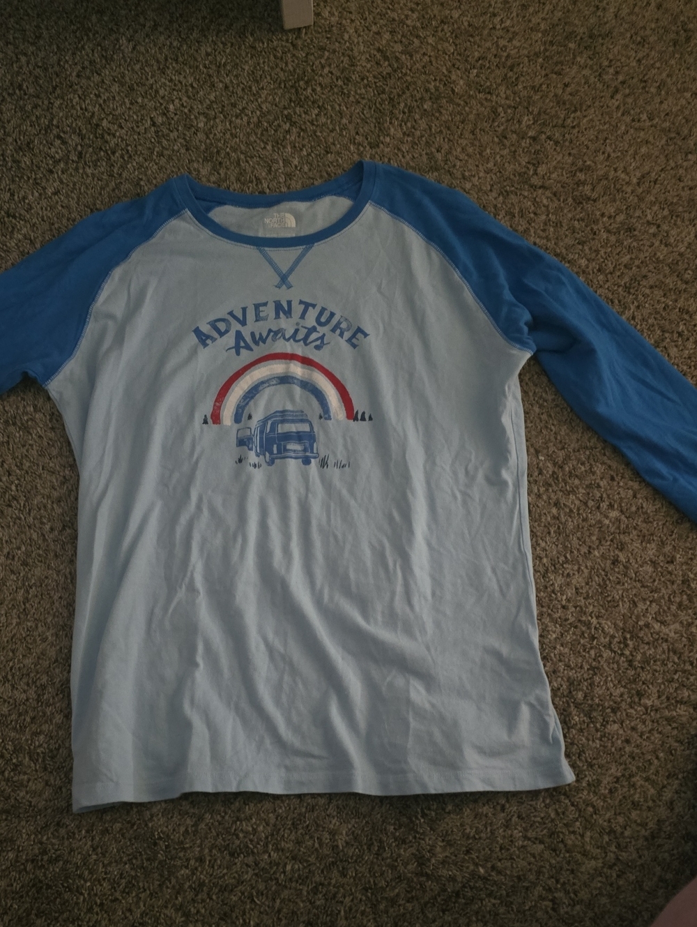 The North Face Light Blue and Blue 'Adventure Awaits' Raglan 3/4 Sleeve Tee
